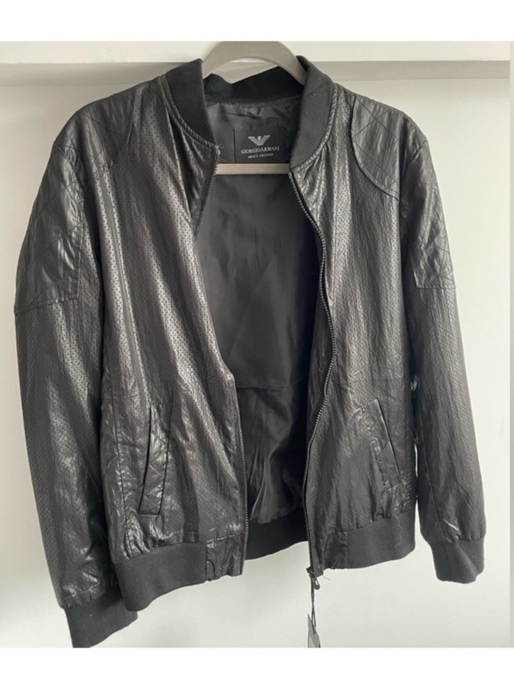Giorgio Armani Black Perforated Leather Bomber Jacket
